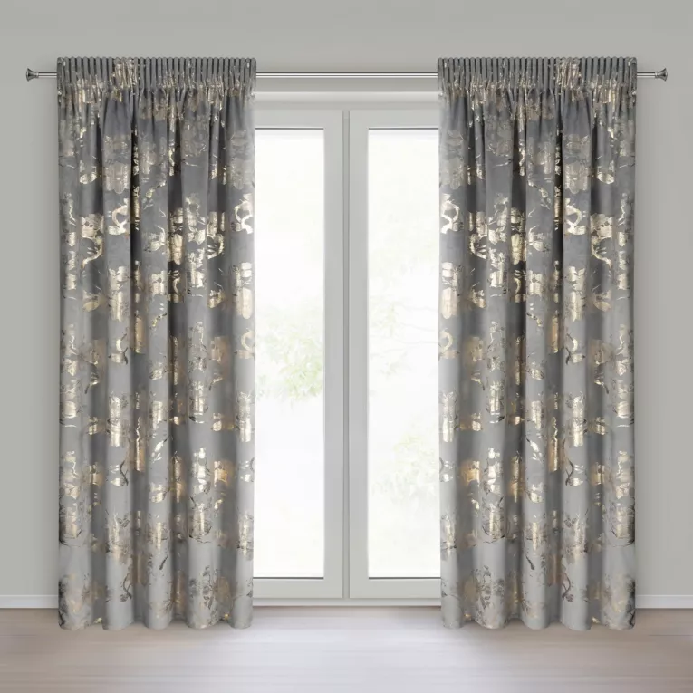 Zasłona stalowo, szampańska zdobiona nadrukiem błyszczących kwiatów 140x270 cm taśma - CELIA Eurofirany