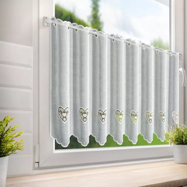Tkanina firanowa zazdrostka zdobiona haftem w serca Eurofirany