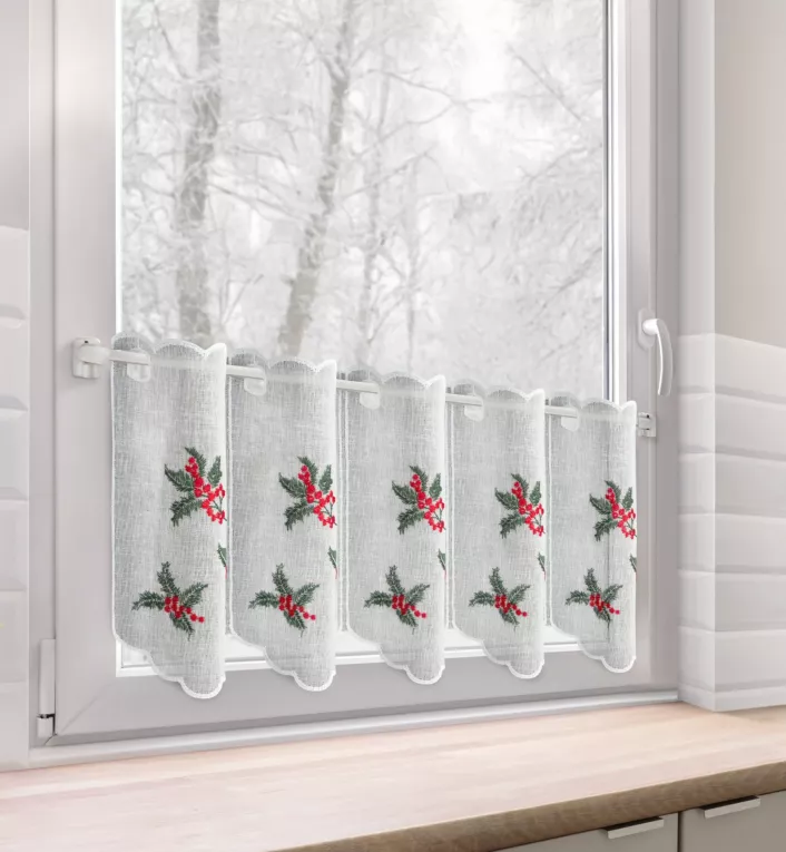 Tkanina firanowa zazdrostka z haftem świątecznym z motywem ostrokrzewu Eurofirany
