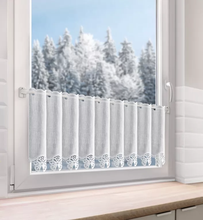 Tkanina firanowa zazdrostka z ażurowym haftem świątecznym w formie dzwoneczków Eurofirany