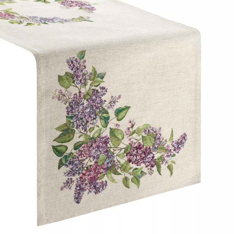 Obrus na stół naturalno, fioletowy 45x140 cm gobelinowy zdobiony motywem bzu Eurofirany