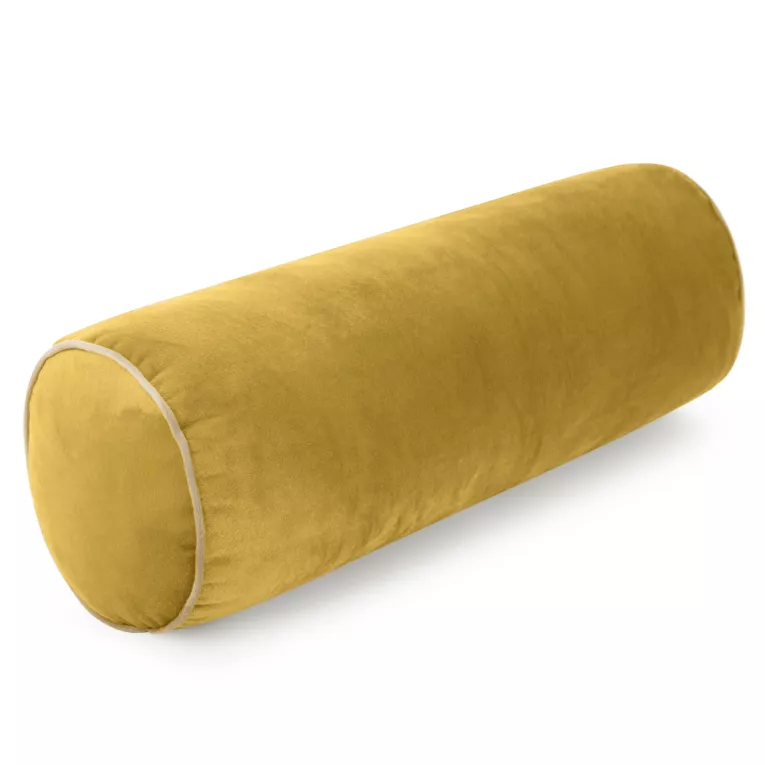 Poduszka dekoracyjna wałek 45 x 15 cm welwetowa musztardowa zdobiony kontrastującą lamówką GAJA Eurofirany