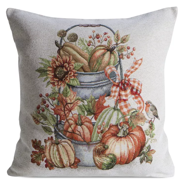 Poszewka na poduszkę 45x45 cm gobelinowa z motywem dyń naturalno, pomarańczowa GOB Eurofirany