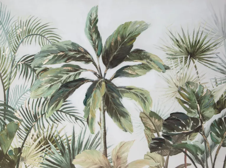 Obraz FLORAL ręcznie malowany na płótnie z refleksami złota i motywem egzotycznych liści