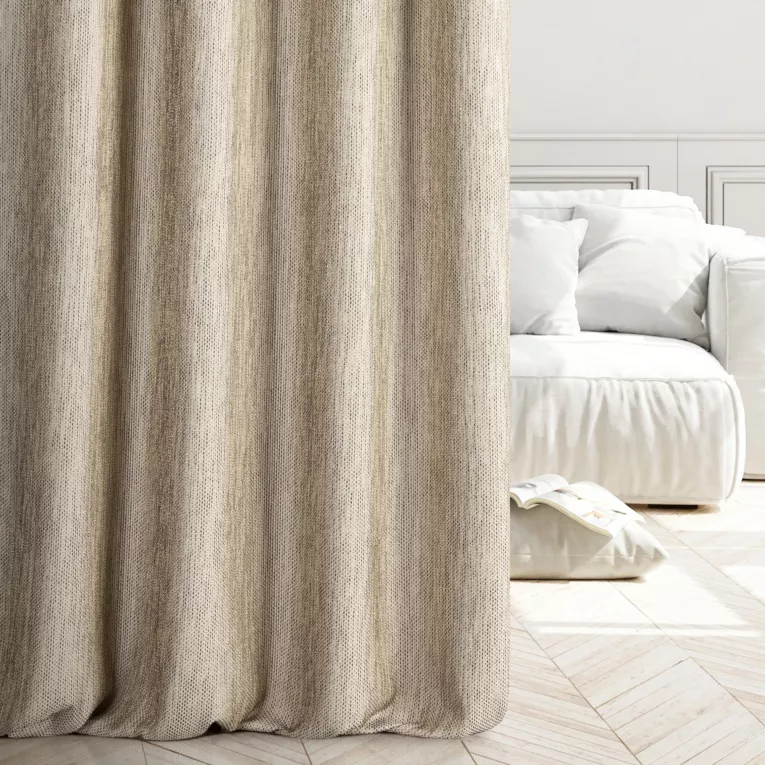 Zasłona szyta na tunelu ELLEN beżowo brązowa z grubotkanej tkaniny z efektem dwukolorowej nici i lekkim połyskiem Italissima Eva Minge