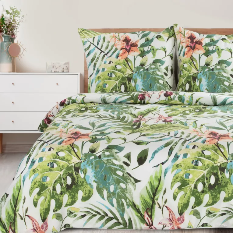 Pościel 140x200 cm bawełniana kolor biały, ciemnozielony z egzotycznym wzorem SONIA 40 Eurofirany