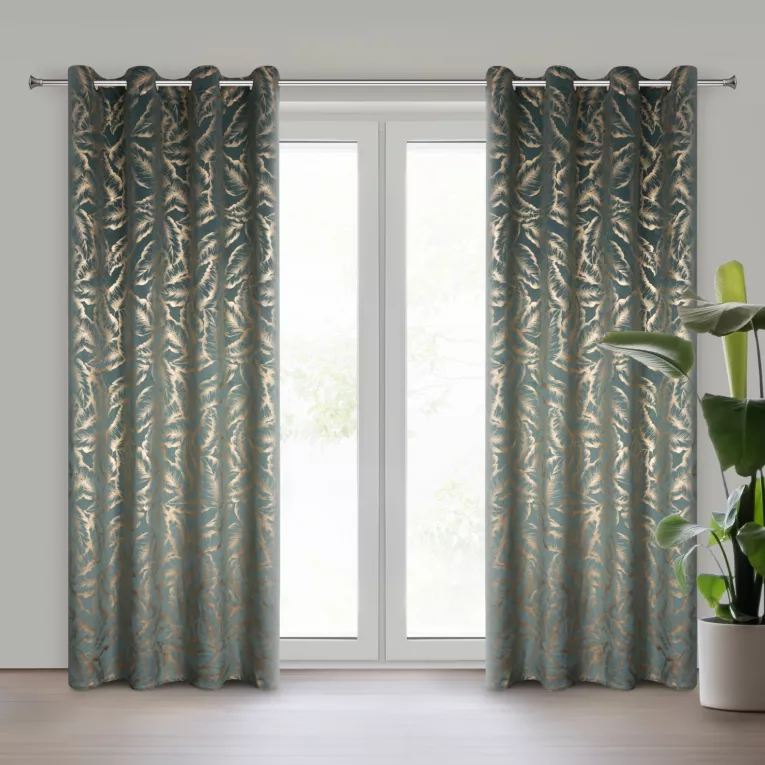 Zasłona miętowo szampańska zdobiona nadrukiem liści 140x250 cm złota przelotka - MILENA Eurofirany