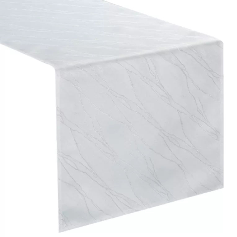 Bieżnik na stół biało, srebrny plamoodporny 40x140 cm SUZANA zdobiony błyszczącym wzorem marmurku