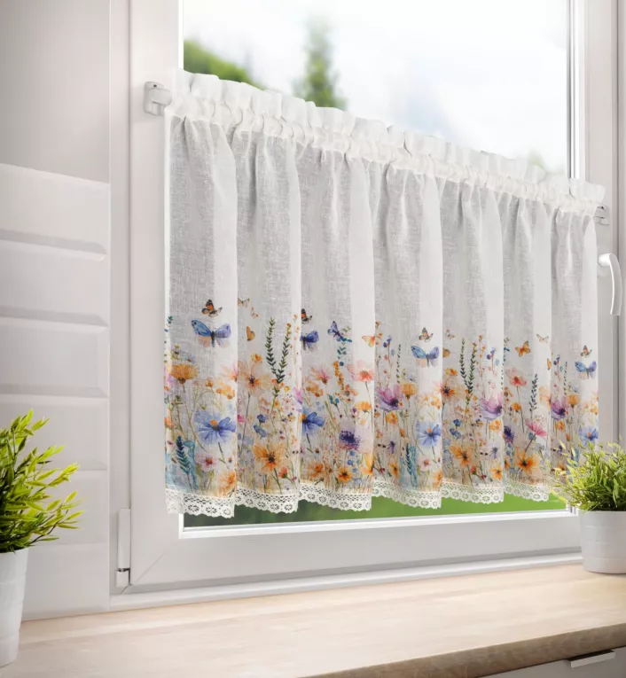 Zazdrostka biało, żółta  z etaminy zdobiona nadrukiem kwiatów i koronką 150x60 cm tunel ROZALIE Eurofirany