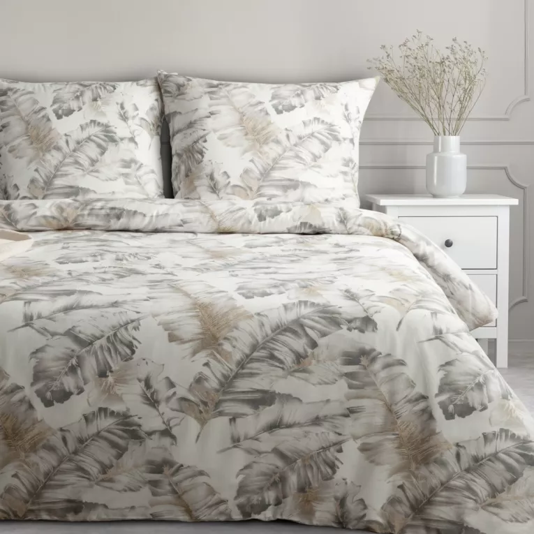 Pościel 220x200 cm bawełniana kolor biało, stalowy z nadrukiem liści LAYLA Eurofirany