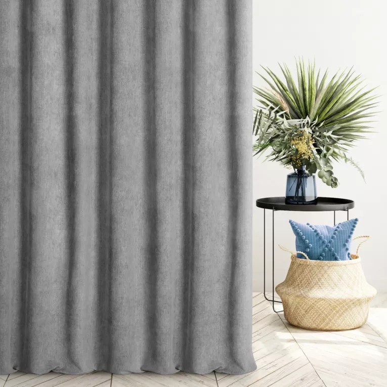 Zasłona szyta na taśmie fala stalowa z miękkiej matowej tkaniny szenilowej o naturalnym splocie