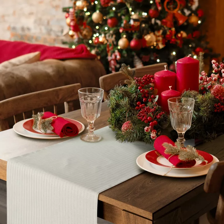 Bieżnik na stół naturalny 40x180 cm z żakardowej tkaniny FLASH świąteczny w prążki przetykane szampańską nicią