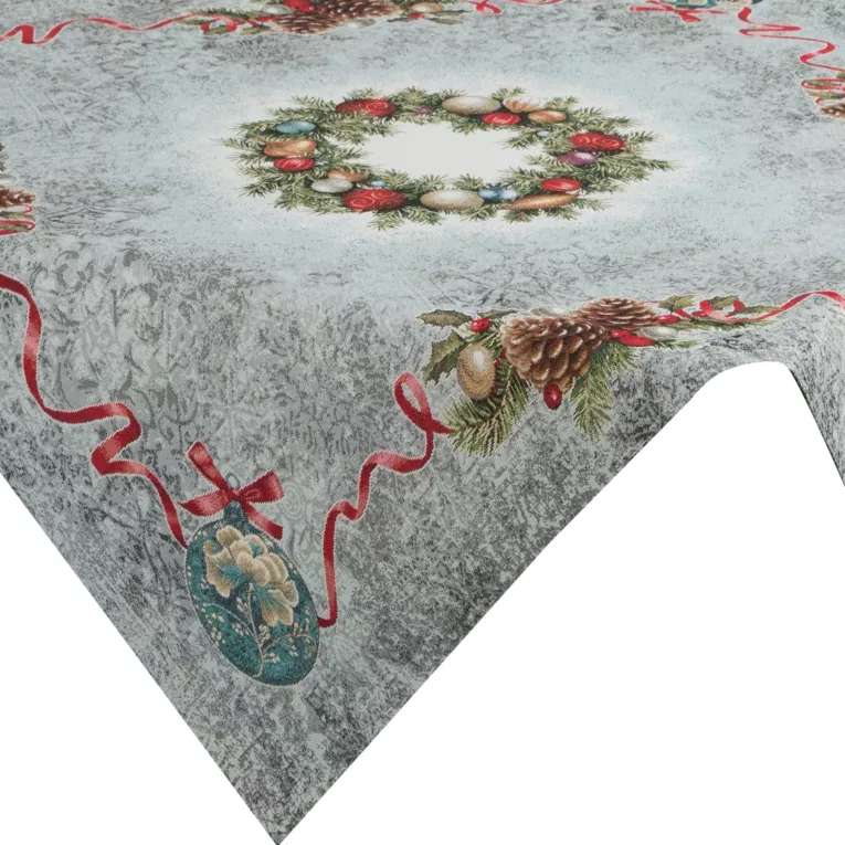 Obrus popielato, czerwony 100x100 cm gobelinowy z motywem świątecznym