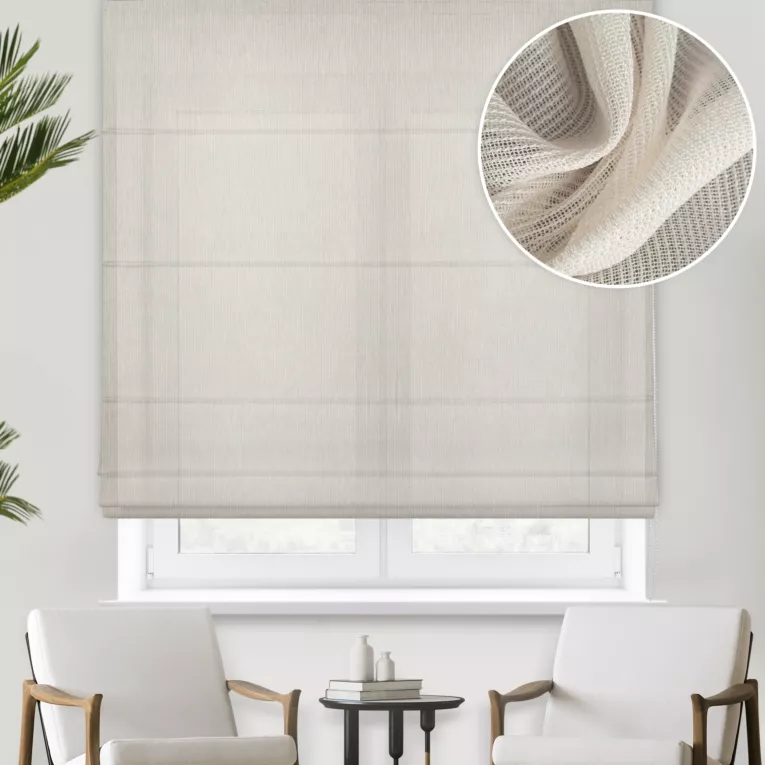 Roleta rzymska kremowa z matowej siatki o naturalnym wyglądzie, wykończona obciążnikiem