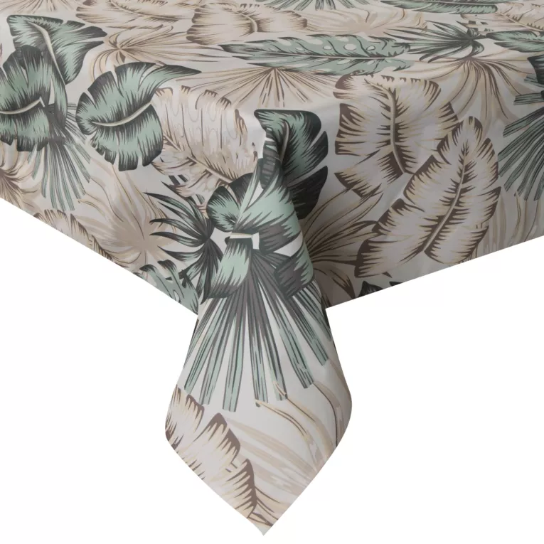 Obrus kremowo, zielony 140x220 cm wodoodporny GARDEN na taras oraz balkon z motywem egzotycznych liści