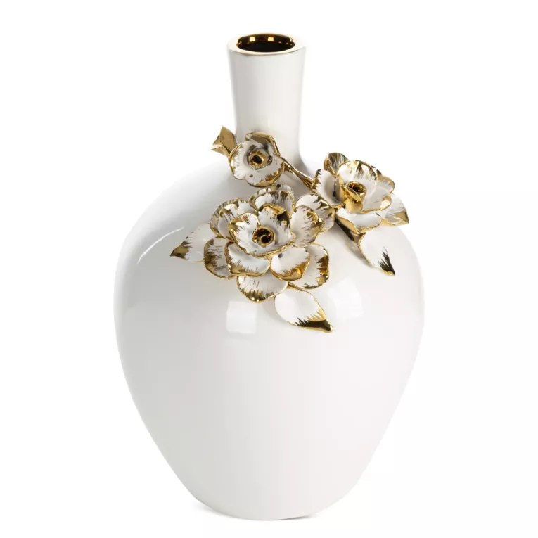 Wazon dekoracyjny biało, złoty zdobiony różami 3D  18x16x25 cm SARA Eurofirany