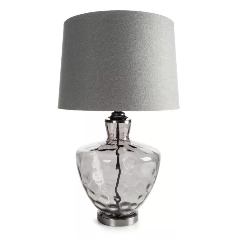 Lampa stołowa do pokoju srebrna ADELINE z lekko dymionego szkła i matowym abażurem Eurofirany