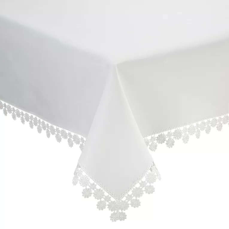 Obrus na stół 140x180 cm biały zdobiony haftowaną koronką - LAURA Eurofirany