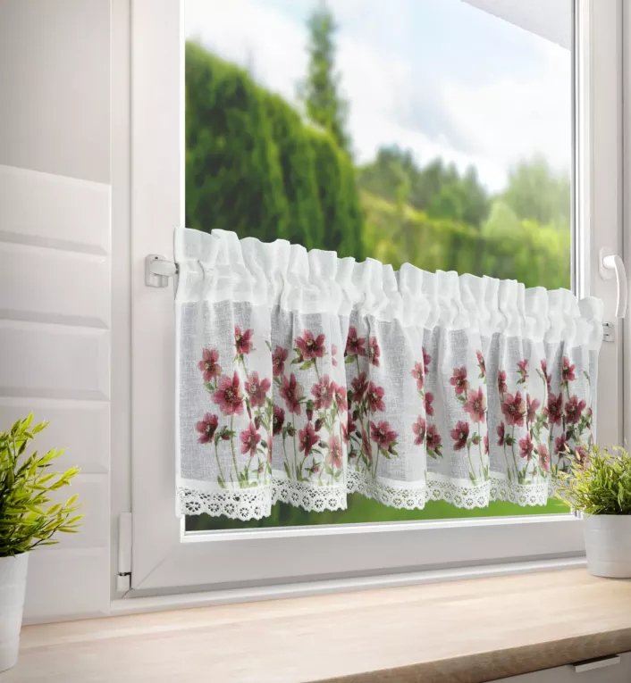 Zazdrostka biała z etaminy zdobiona nadrukiem bordowych kwiatów i koronką 30x150 cm tunel ISA   Eurofirany