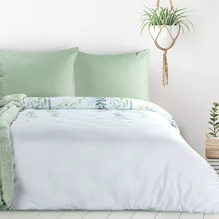 Pościel 160x200 cm kolor biało, zielony z motywem liści VERONO7 design 91 Eurofirany