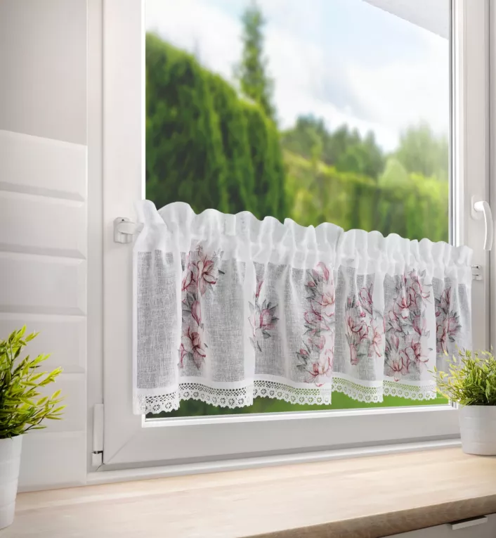 Zazdrostka biało, różowa z etaminy w stylu prowansalskim z koronką 150x30 cm tunel SUZY Eurofirany