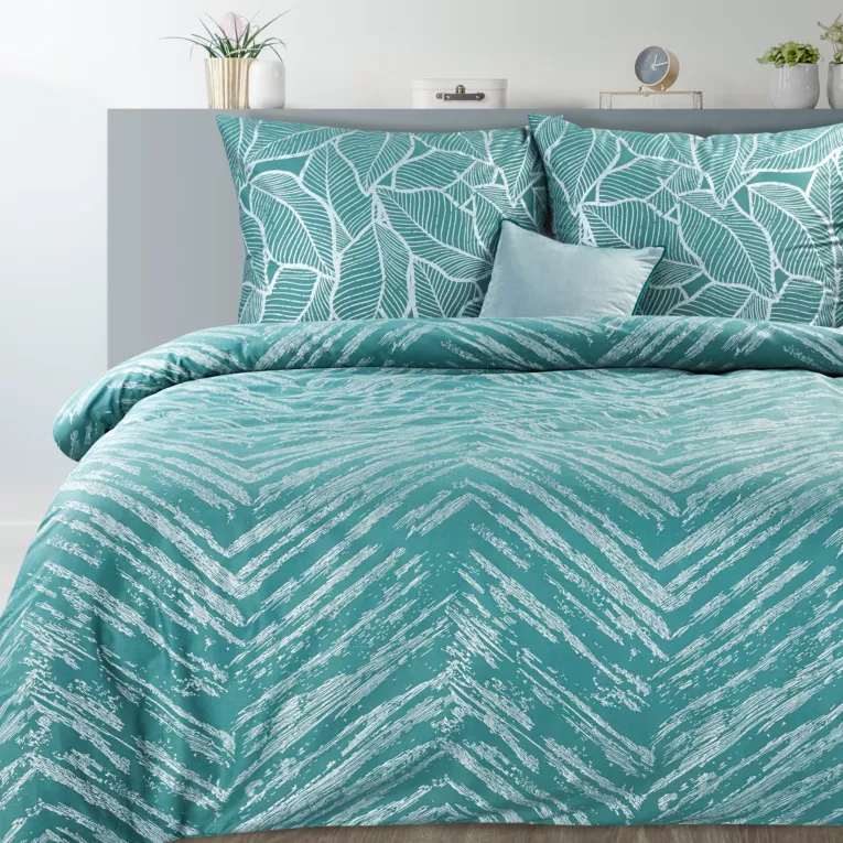 Pościel 220x200 bawełniana kolor turkusowy, jasnoszary z metalicznym nadrukiem w eleganckim pudełku METALI 24 Eurofirany