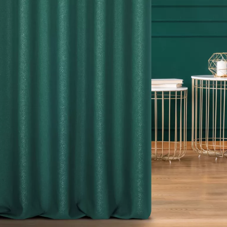 Zasłona szyta na taśmie fala ciemnoturkusowa z tkaniny z dodatkiem połyskującej nici, z widocznym ozdobnym splotem