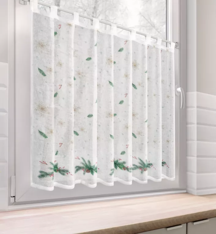 Zazdrostka świąteczna biało, zielona z etaminy z świątecznym motywem 150x90 cm szelki - XMAS 4 Eurofirany