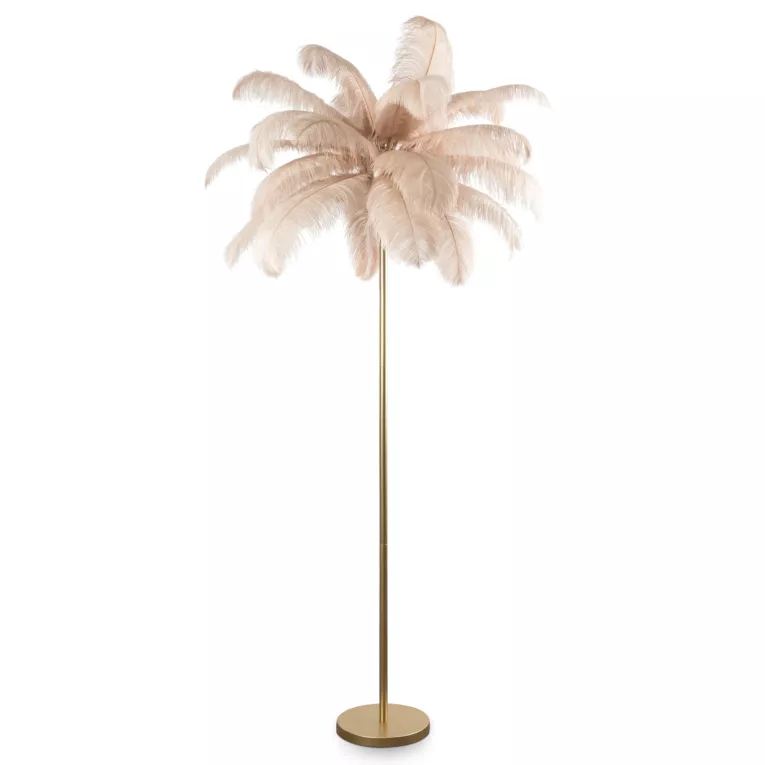 Lampa stojąca do salonu beżowo, szampańska FERI na metalowej podstawie z efektownym abażurem z naturalnych strusich piór Eurofirany