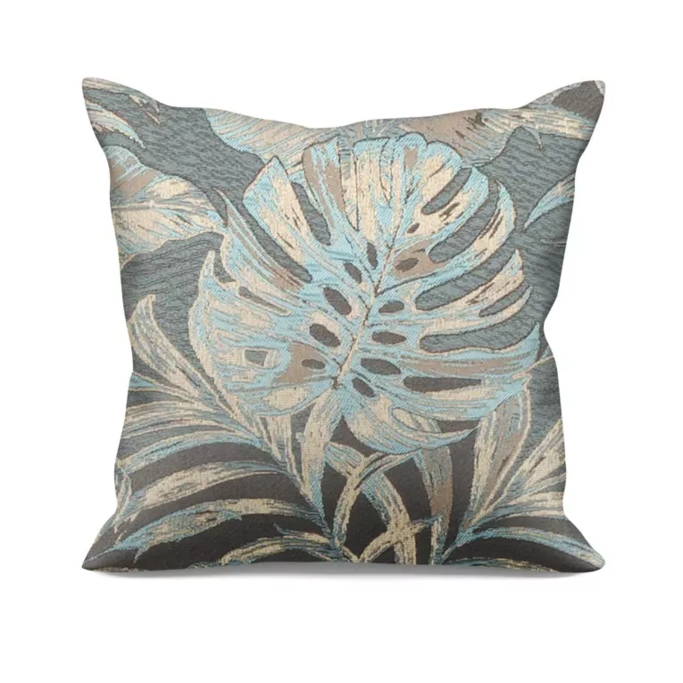 Poszewka szyta popielato miętowa z eleganckiej tkaniny w ciekawy, botaniczny wzór