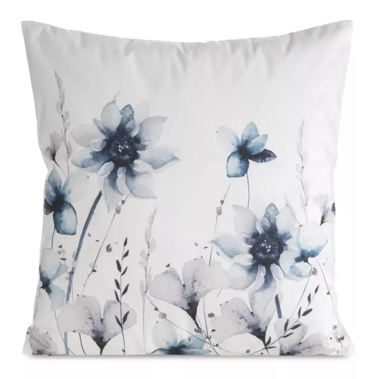 Poszewka na poduszkę 45x45 cm welwetowa zdobiona nadrukiem letnich kwiatów biało, granatowa MINK Eurofirany