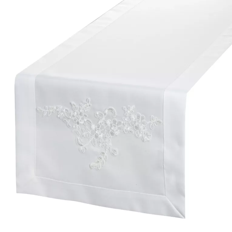 Bieżnik na stół biały 40x140 cm BARI obszyty szeroką kantą i zdobiony koronkową aplikacją EUROFIRANY PREMIUM