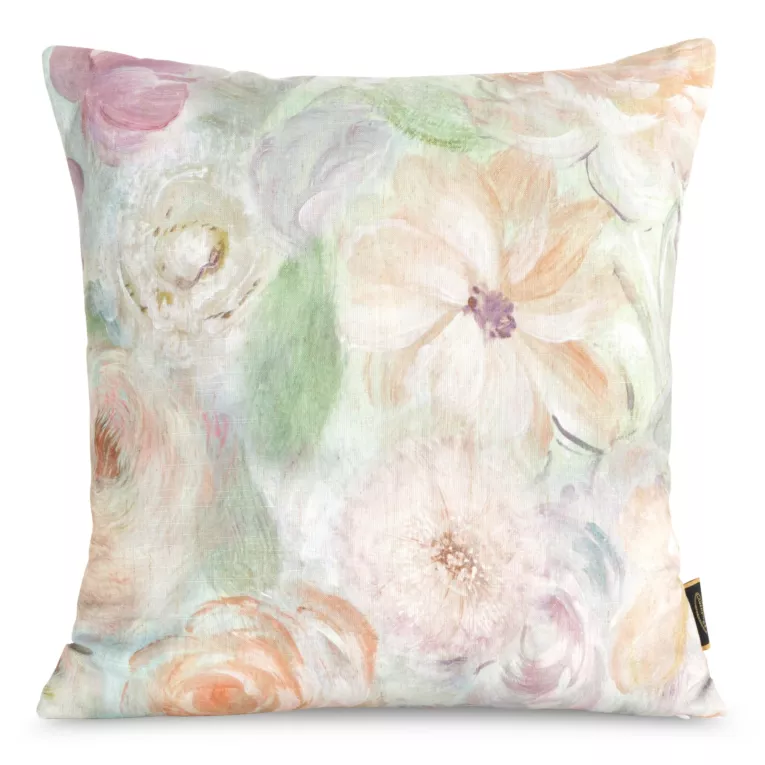 Poszewka na poduszkę 45x45 cm o strukturze lnu z nadrukiem subtelnych kwiatów beżowo, zielona LEN Eurofirany