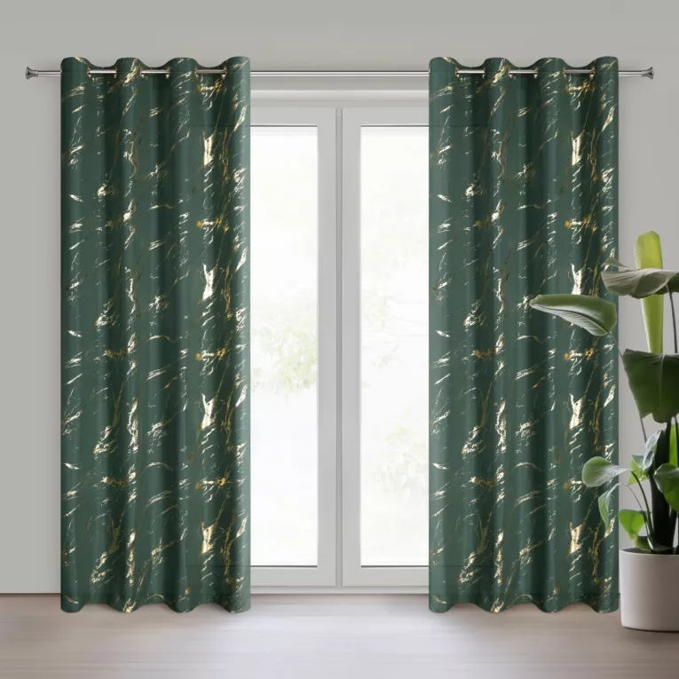 Zasłona ciemnozielono, złocista zdobiona nadrukiem marmurku 140x250 cm przelotka LANI Eurofirany