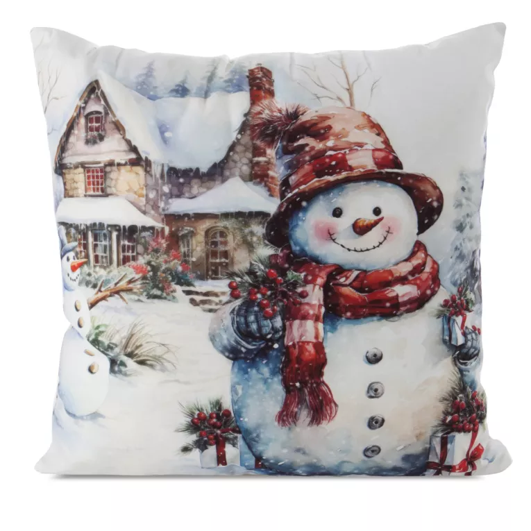 Poszewka na poduszkę świąteczna 45x45 cm biało, czerwona zdobiona nadrukiem uroczego bałwanka Eurofirany