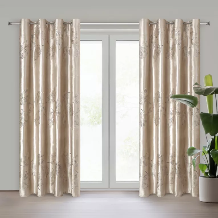 Zasłona beżowo, złota z błyszczącym nadrukiem z welwetu 140x250 cm przelotka - IDALIA Eurofirany