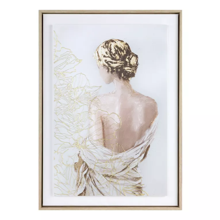 Obraz kremowo, złoty dekorayjny z artystycznym motywem postaci oprawiony w ramę 50x70 cm Eurofirany