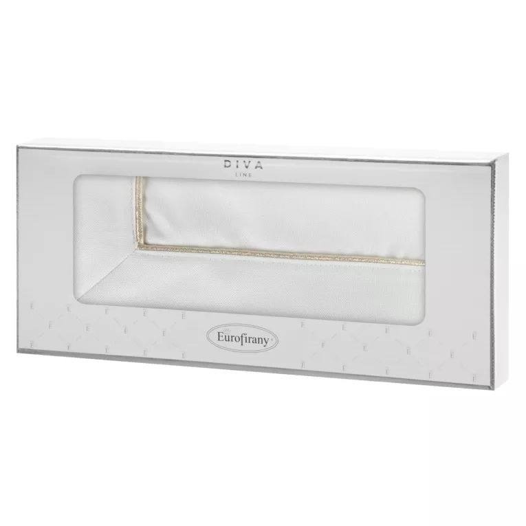 Bieżnik na stół biały 85x85 cm KARIN zdobiony listwą oraz delikatną złotą wypustką w eleganckim opakowaniu