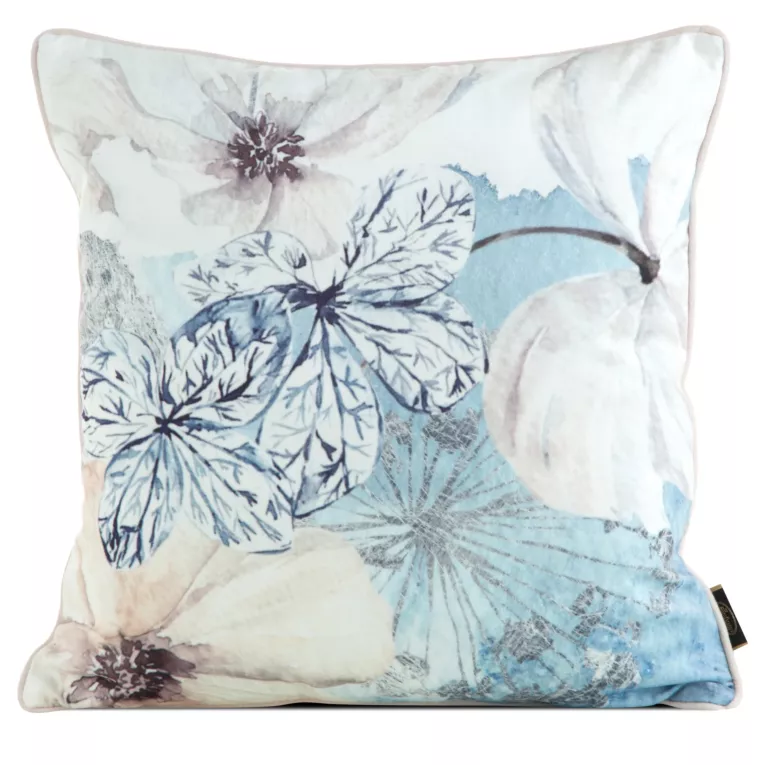 Poszewka na poduszkę 45x45 cm welwetowa, dwustronna z motywem kwiatów z wypustką na brzegach niebiesko, beżowa VELVET 126 EUROFIRANY PREMIUM