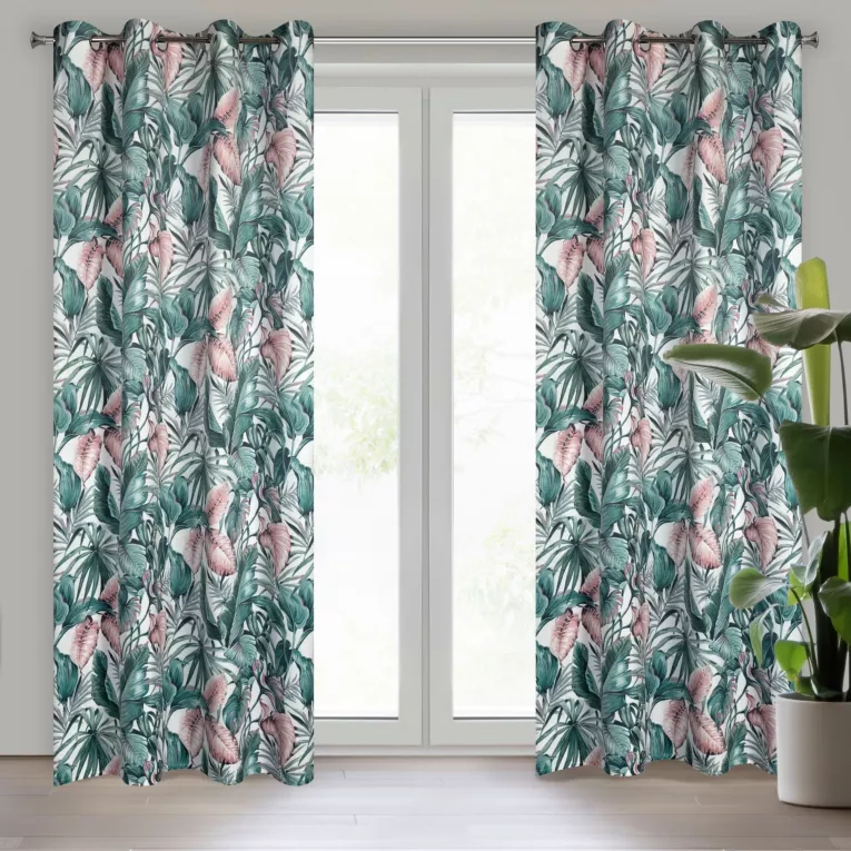 Zasłona zielono, różowa we wzór liści z welwetu 140x250 cm przelotka MADERA Eurofirany
