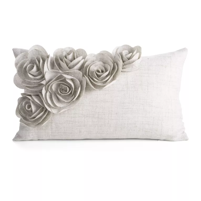 Poszewka na poduszkę 30x50 cm beżowa o naturalnym splocie w 3D róże FLORES 7 Eurofirany