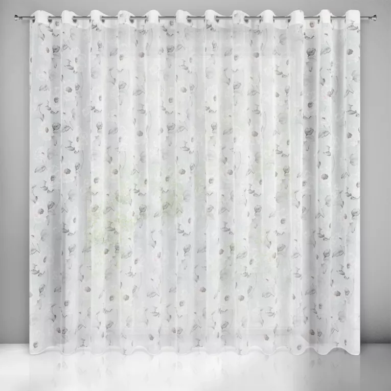 Firana biało, różowa z matowej etaminy z kwiatowym motywem 350x250 cm przelotka BESSY Eurofirany