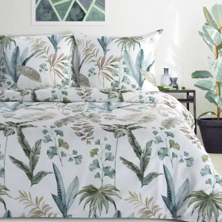 Pościel 220x200 cm z satyny bawełnianej kolor biały, zielony z botanicznym wzorem SPRING 52 Eurofirany
