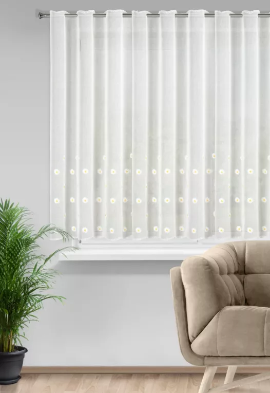 Firana biała z etaminy zdobiona haftem stokrotek 350x145 cm tunel - BELLIS Eurofirany