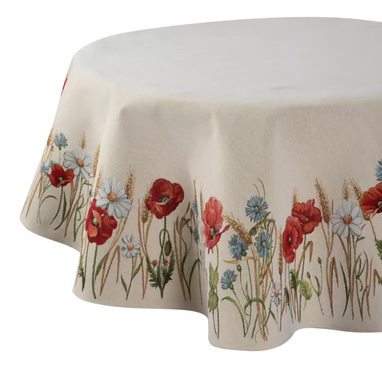 Obrus naturalno, czerwony 140x180 cm gobelinowy z nadrukiem maków