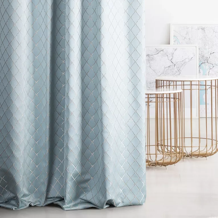 Zasłona szyta na taśmie fala LANA błękitna w elegancki wzór marokańskiej koniczyny z lekkim połyskiem