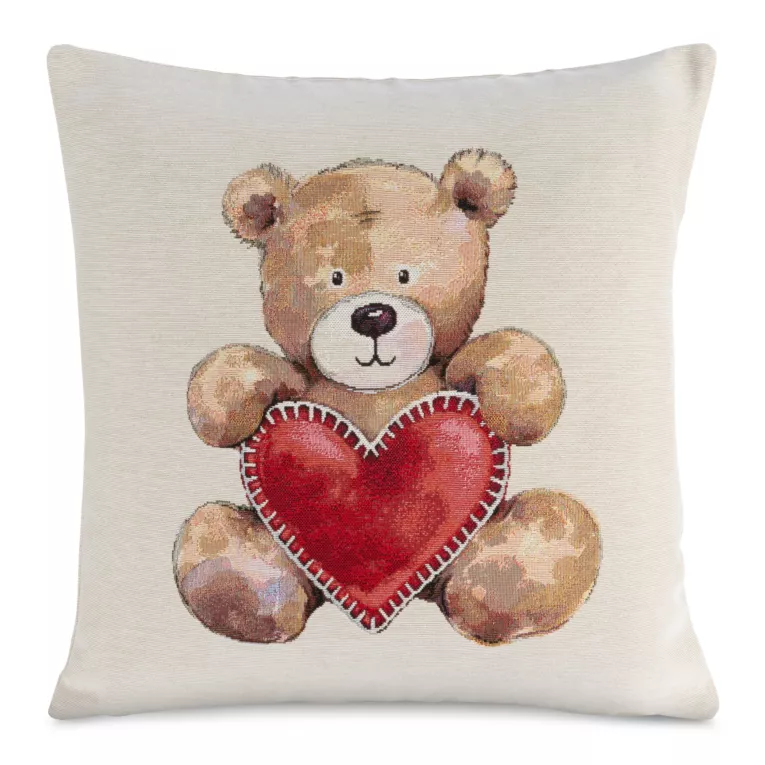 Poszewka na poduszkę 45x45 cm bawełniana, gobelinowa z mieszanki włókien z motywem misia naturalno, czerwona GOB Eurofirany