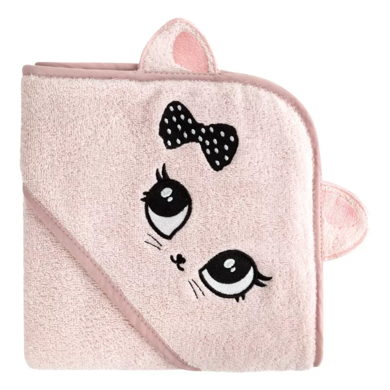 Ręcznik kąpielowy dziecięcy 100x100 cm bawełniany kolor różowy z kapturem i aplikacją kotka 400 g/m2 BABY 72 Eurofirany