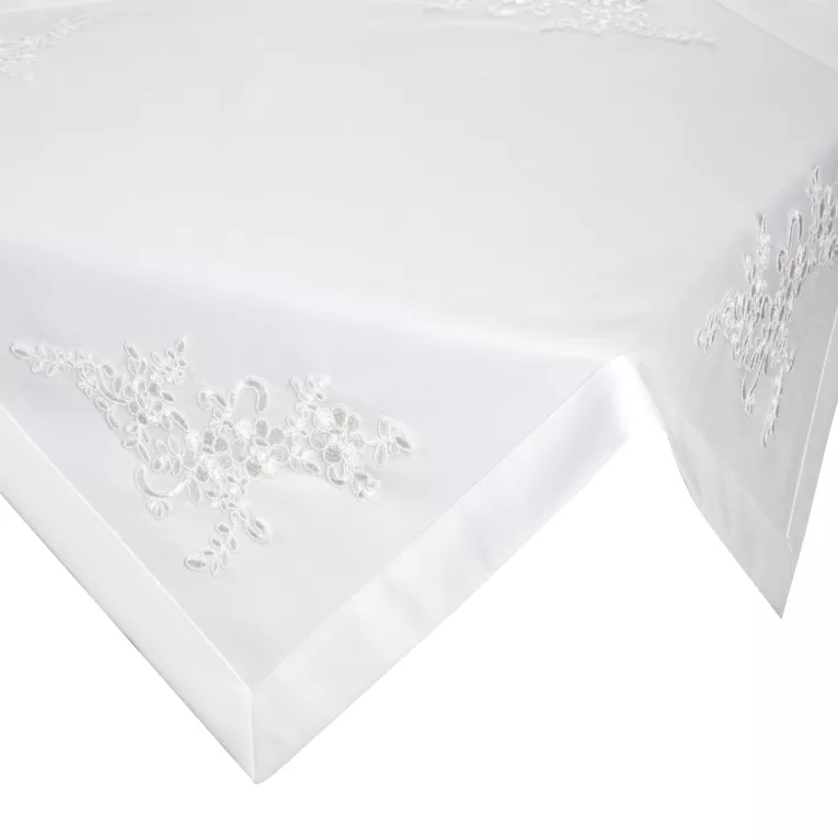 Bieżnik na stół biały 85x85 cm BARI obszyty szeroką kantą i zdobiony koronkową aplikacją EUROFIRANY PREMIUM