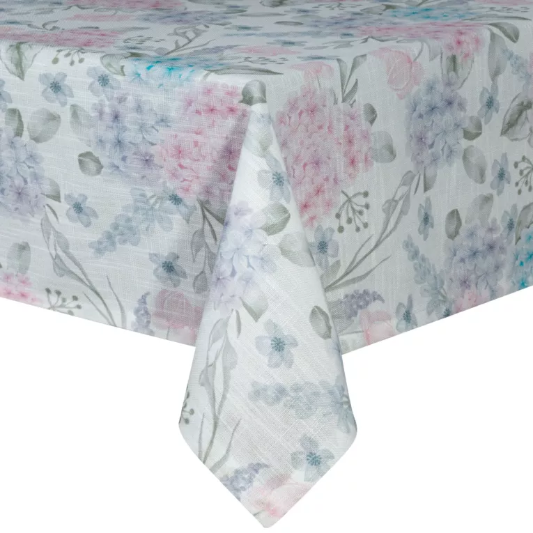 Obrus naturalno, różowy 140x180 cm SUMMER 8 zdobiony nadrukiem hortensji